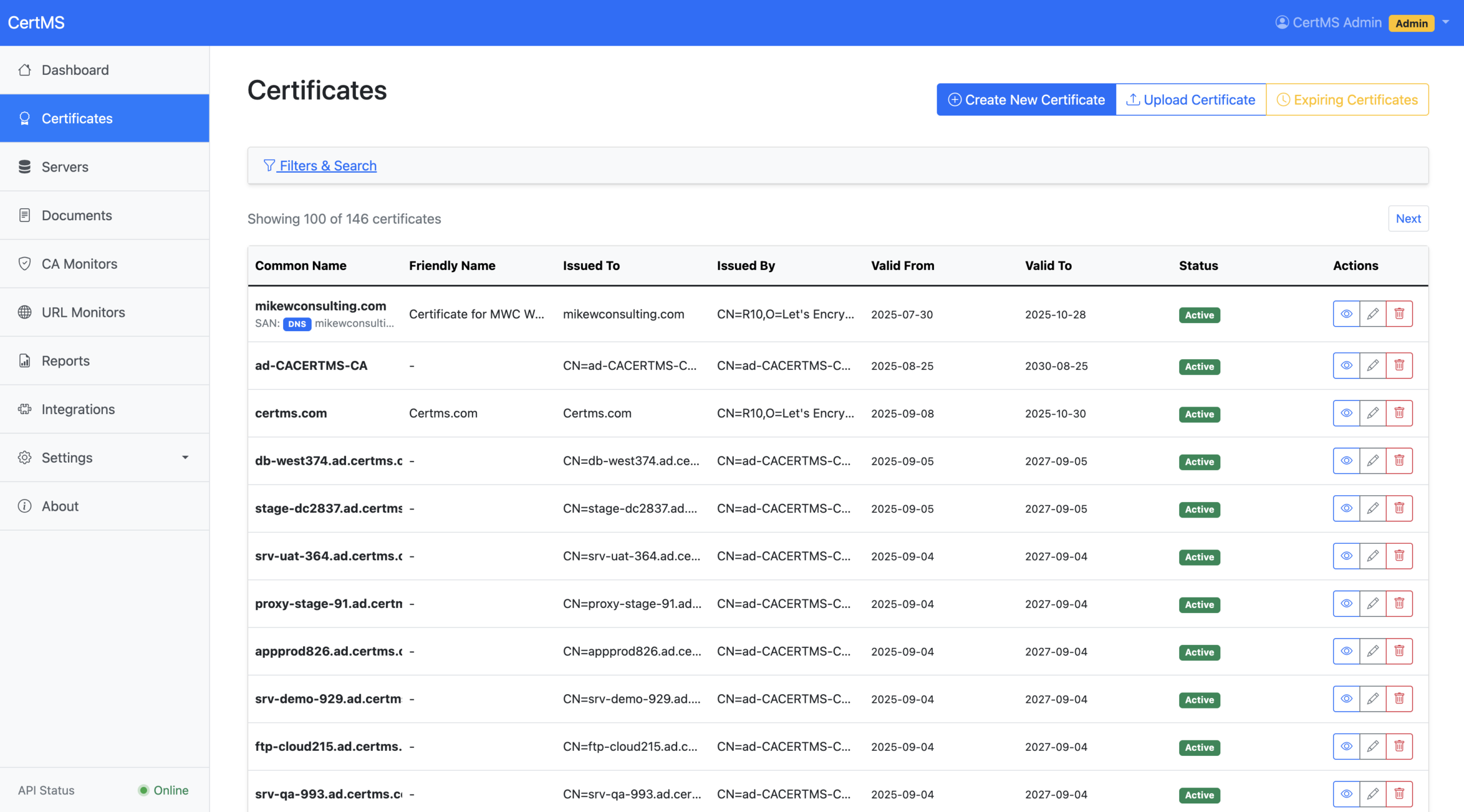 CertMS Certificate Inventory